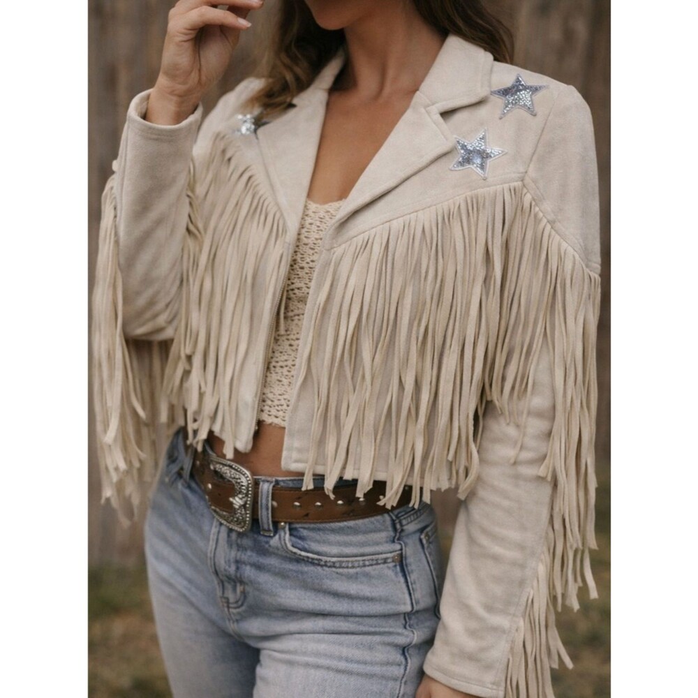 How Very Loved Fringe Jacket Women Medium Cream Western Boho Stars